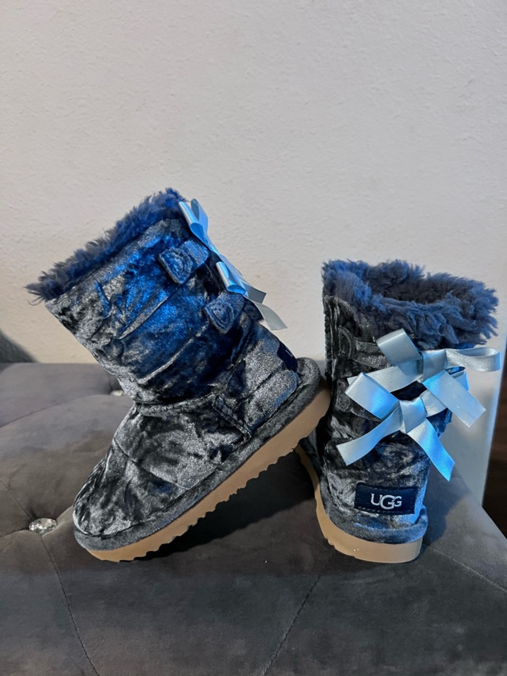 UGG Navy Velvet Bow Boots